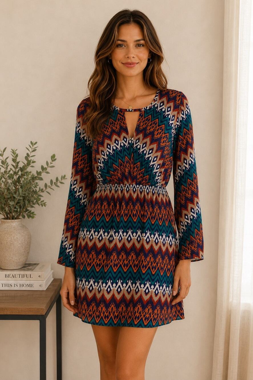 Everly Mini Dress Women Medium Multi Color Boho Print Long Sleeve Keyhole Neck
